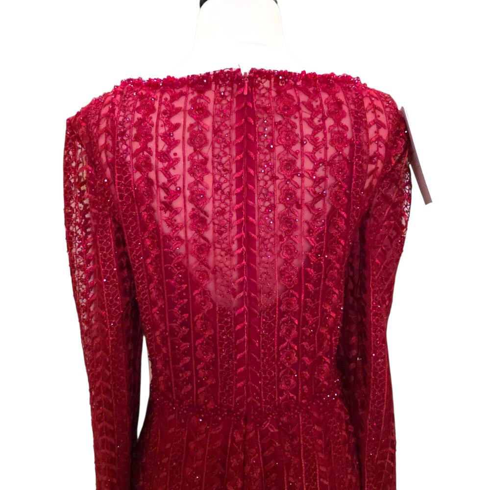 Mac Duggal Dress 12 Red Formal 20271 Embellished Long Sleeve Burgundy Gown - Picture 11 of 12